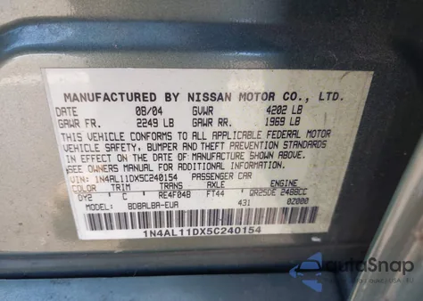 2005 Nissan Altima 2.5 S z USA, uszkodzony, nr VIN 1N4AL11DX5C240154